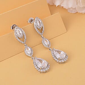 Simulated Diamond Dangle Earrings in Silvertone and Stainless Steel 5.10 ctw , Tarnish-Free, Waterproof, Sweat Proof Jewelry