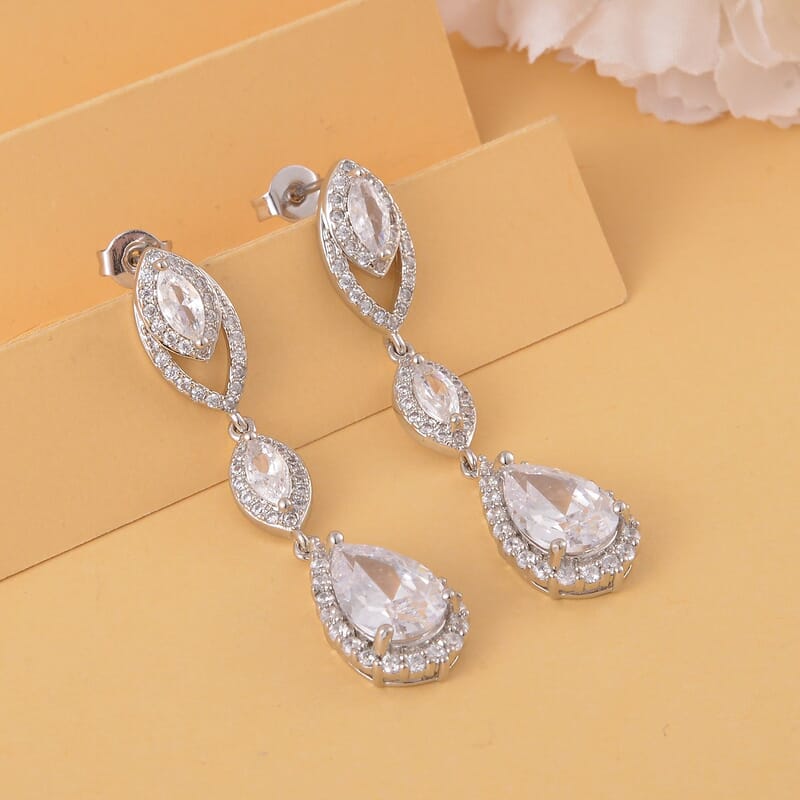 Simulated Diamond Dangle Earrings in Silvertone and Stainless Steel 5.10 ctw , Tarnish-Free, Waterproof, Sweat Proof Jewelry