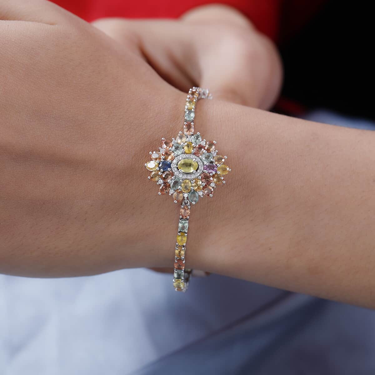 Madagascar Yellow Sapphire and Multi Gemstone Floral Bracelet in Platinum Over Sterling Silver (7.25 In) 15.00 ctw image number 2