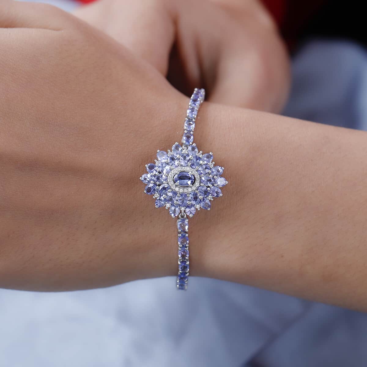 Tanzanite and White Zircon Floral Bracelet in Platinum Over Sterling Silver (7.25 In) 11.30 ctw image number 2