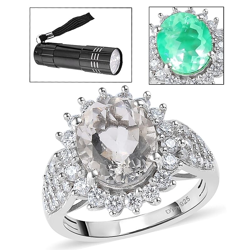 Mexican Hyalite Opal and Moissanite 3.60 ctw Ring in Platinum Over Sterling Silver With UV Torch (Size 10.0)