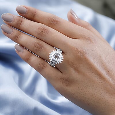 Mexican Hyalite Opal and Moissanite 3.60 ctw Ring in Platinum Over Sterling Silver With UV Torch (Size 10.0)