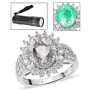 Mexican Hyalite Opal and Moissanite Ring in Platinum Over Sterling Silver With UV Flash Light Size 7.0) 3.60 ctw (Size 7)