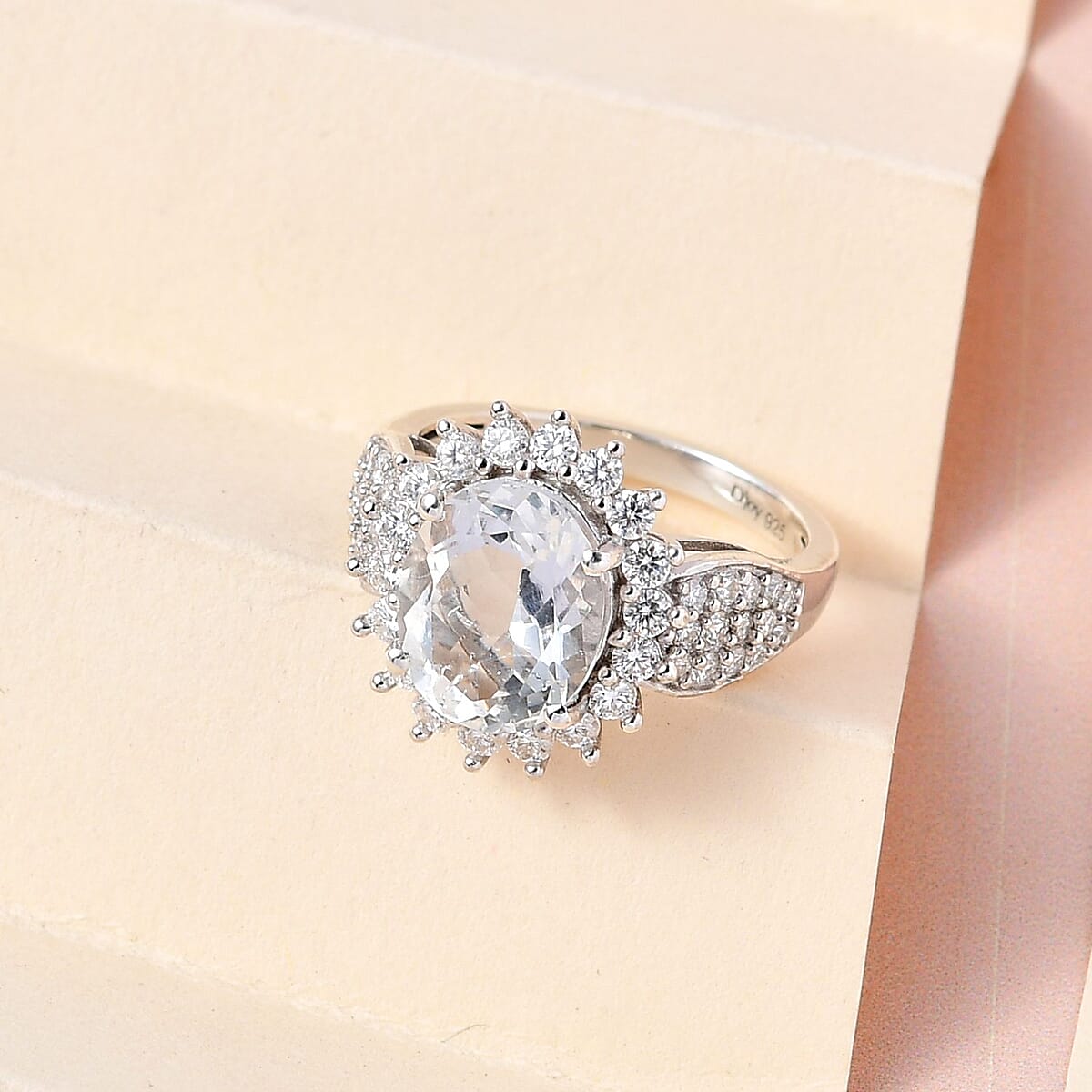 Mexican Hyalite Opal and Moissanite Ring in Platinum Over Sterling Silver With UV Flash Light Size 7.0) 3.60 ctw (Size 7) image number 1