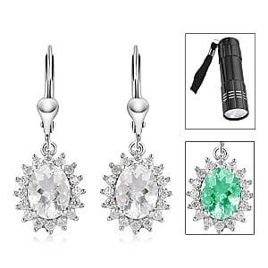 Mexican Hyalite Opal and Moissanite Sunburst Lever Back Earrings in Platinum Over Sterling Silver With UV Flash Light 3.15 ctw