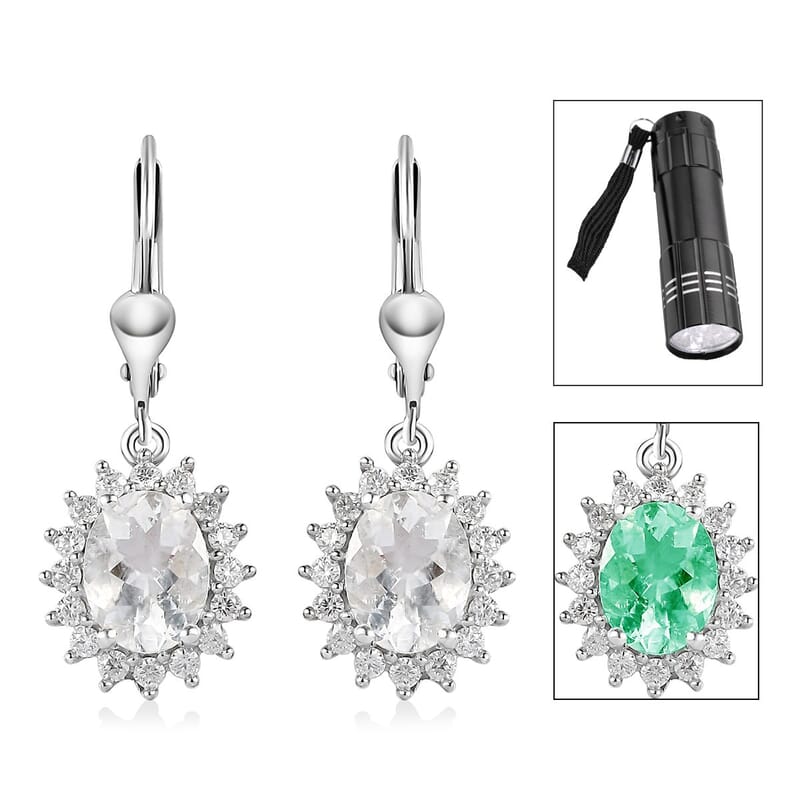 Mexican Hyalite Opal and Moissanite Sunburst Lever Back Earrings in Platinum Over Sterling Silver With UV Flash Light 3.15 ctw