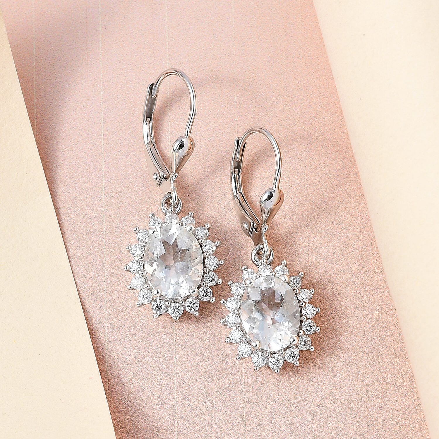 Mexican Hyalite Opal and Moissanite Sunburst Lever Back Earrings in Platinum Over Sterling Silver With UV Flash Light 3.15 ctw