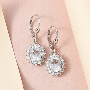 Mexican Hyalite Opal and Moissanite Sunburst Lever Back Earrings in Platinum Over Sterling Silver With UV Flash Light 3.15 ctw