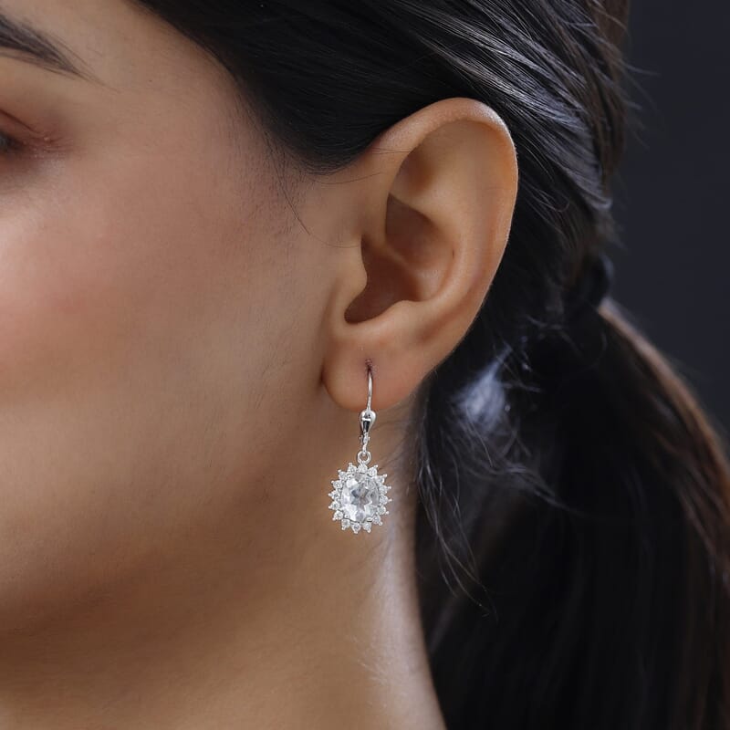 Mexican Hyalite Opal and Moissanite Sunburst Lever Back Earrings in Platinum Over Sterling Silver With UV Flash Light 3.15 ctw