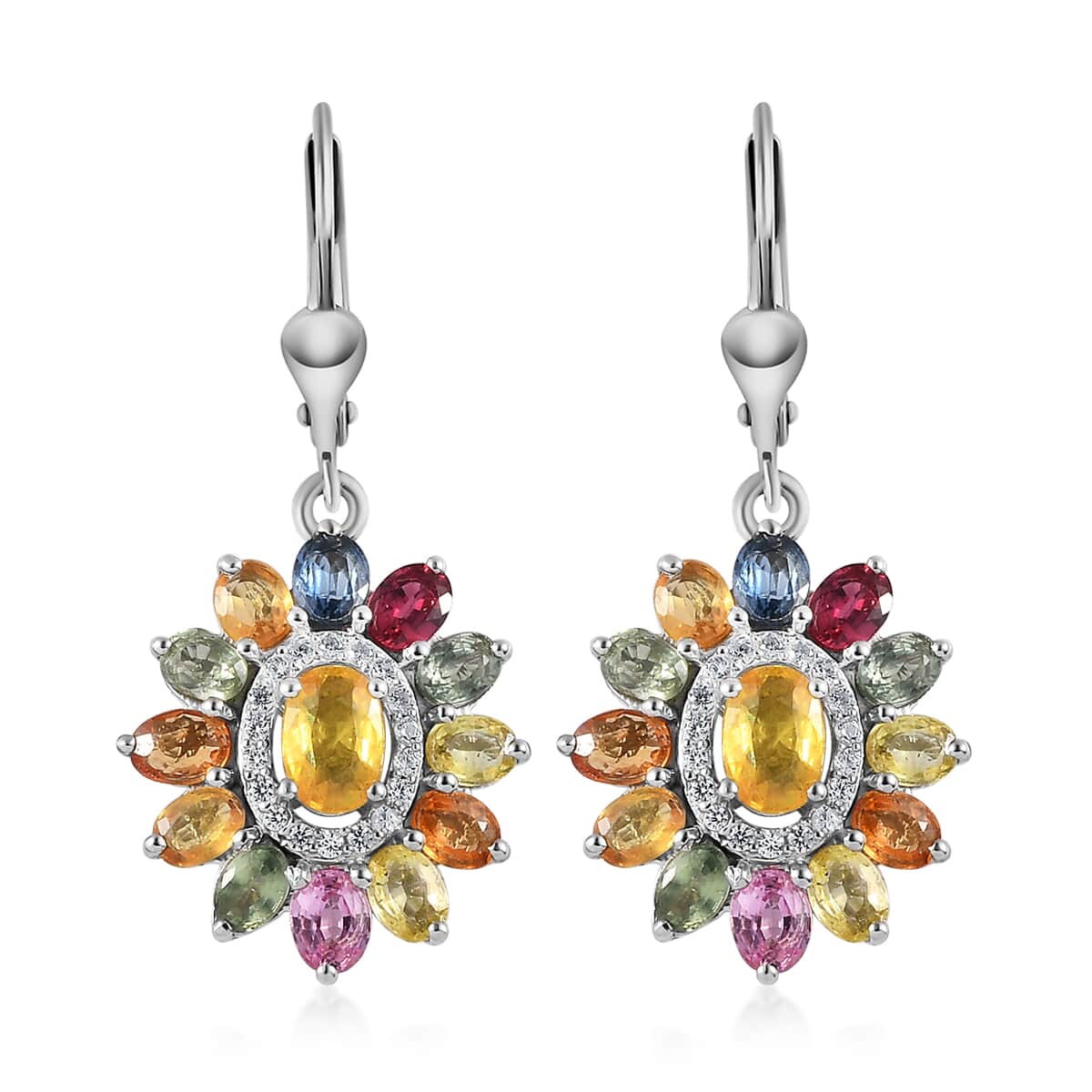 Madagascar Yellow Sapphire and Multi Gemstone Floral Lever Back Earrings in Platinum Over Sterling Silver 6.75 ctw image number 0
