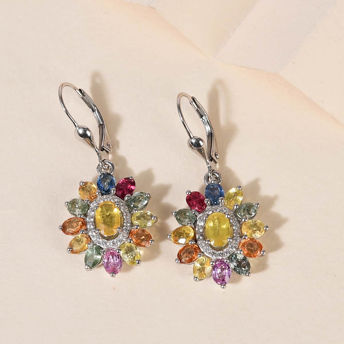 Madagascar Yellow Sapphire and Multi Gemstone Floral Lever Back Earrings in Platinum Over Sterling Silver 6.75 ctw image number 1