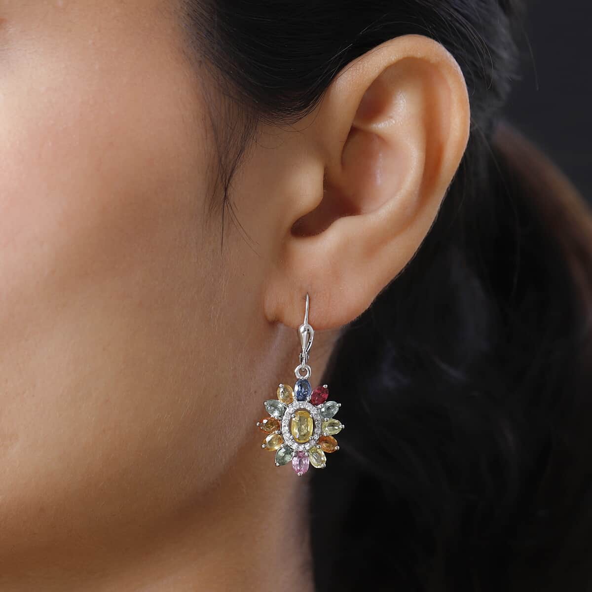 Madagascar Yellow Sapphire and Multi Gemstone Floral Lever Back Earrings in Platinum Over Sterling Silver 6.75 ctw image number 2