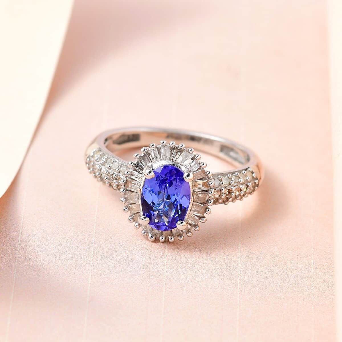 AAA Tanzanite and Diamond Halo Ring in Platinum Over Sterling Silver (Size 10.0) 1.60 ctw image number 1