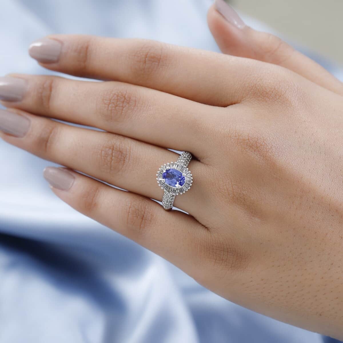 AAA Tanzanite and Diamond Halo Ring in Platinum Over Sterling Silver (Size 10.0) 1.60 ctw image number 2