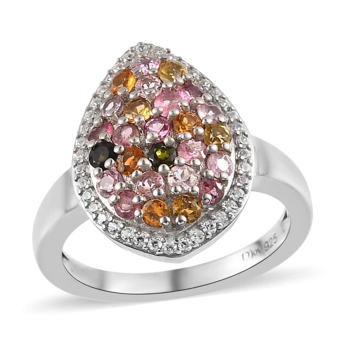 Multi-Tourmaline and Natural White Zircon Pear Shape Cluster Ring in Platinum Over Sterling Silver 1.15 ctw image number 0