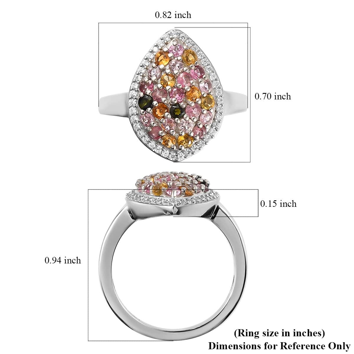 Multi-Tourmaline and White Zircon Pear Shape Cluster Ring in Platinum Over Sterling Silver (Size 10.0) 1.15 ctw image number 5