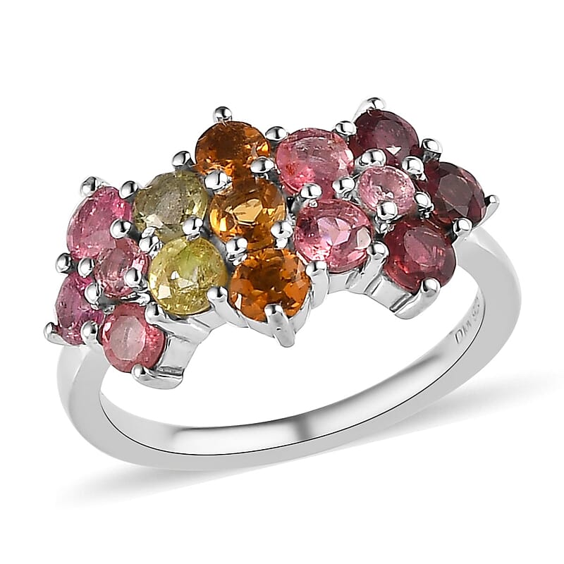 Multi-Tourmaline Floral Ring in Platinum Over Sterling Silver (Size 10.0) 1.65 ctw