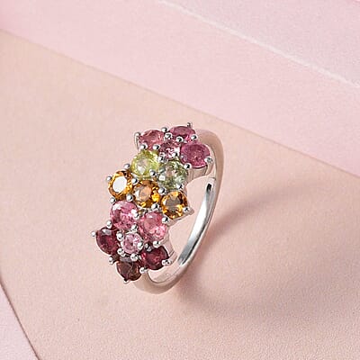 Multi-Tourmaline Floral Ring in Platinum Over Sterling Silver (Size 10.0) 1.65 ctw