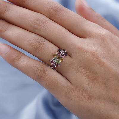 Multi-Tourmaline Floral Ring in Platinum Over Sterling Silver (Size 10.0) 1.65 ctw