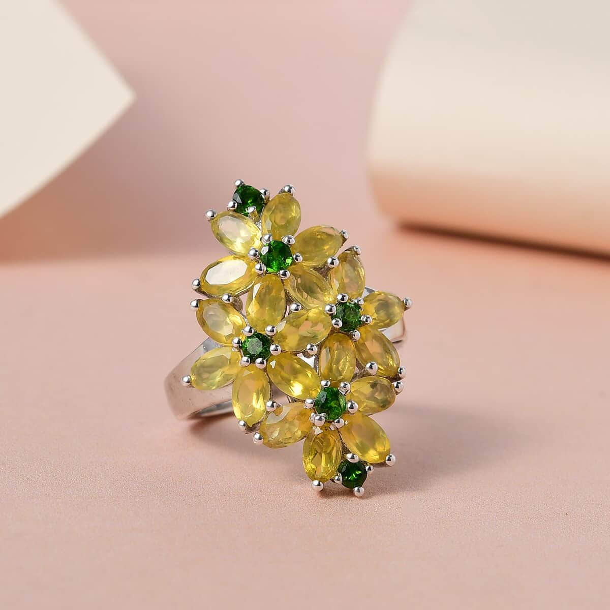 Tanzanian Natural Canary Opal, Natural Chrome Diopside Floral Ring in Platinum Over Sterling Silver (Size 10.0) 3.65 ctw image number 1