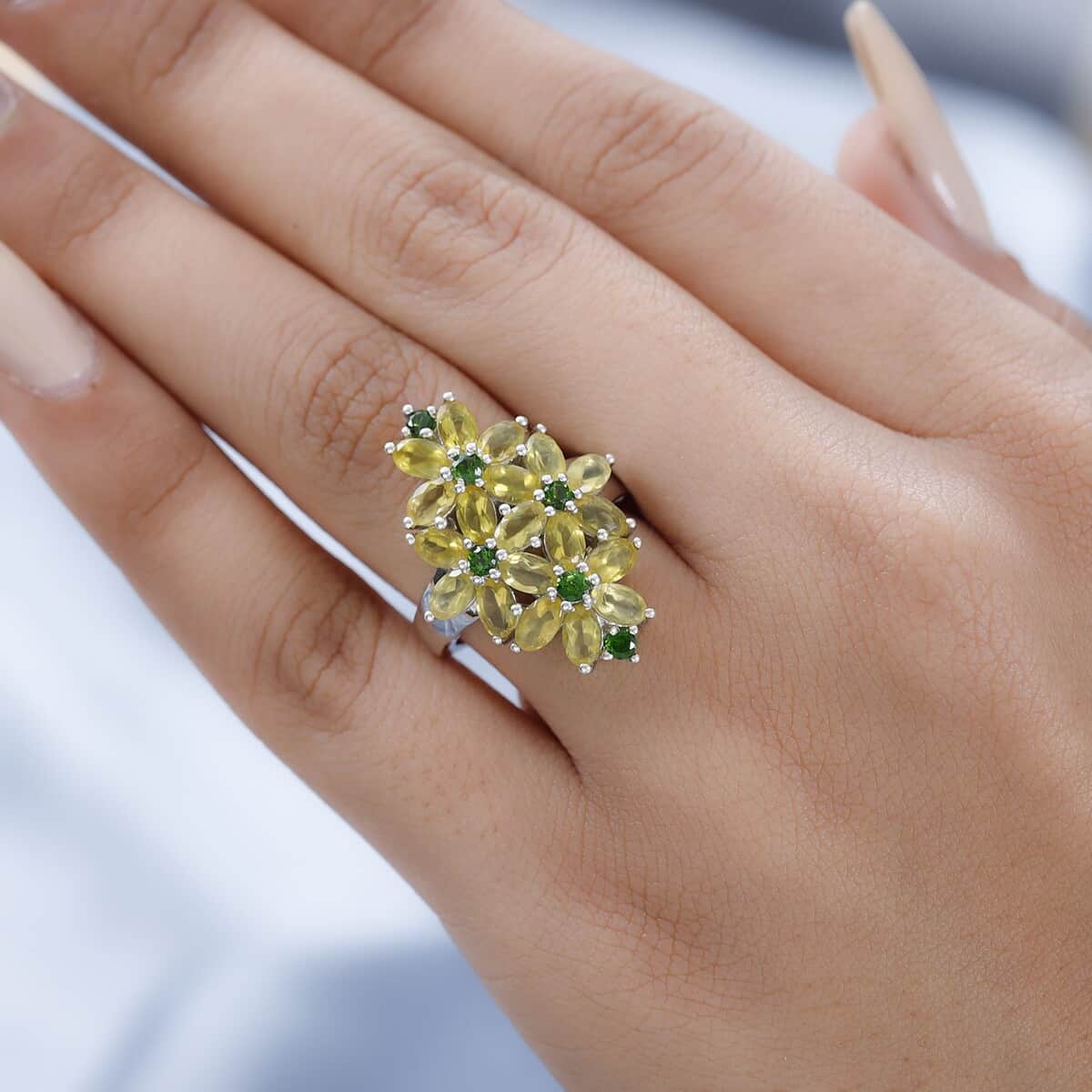 Tanzanian Natural Canary Opal, Natural Chrome Diopside Floral Ring in Platinum Over Sterling Silver (Size 10.0) 3.65 ctw image number 2