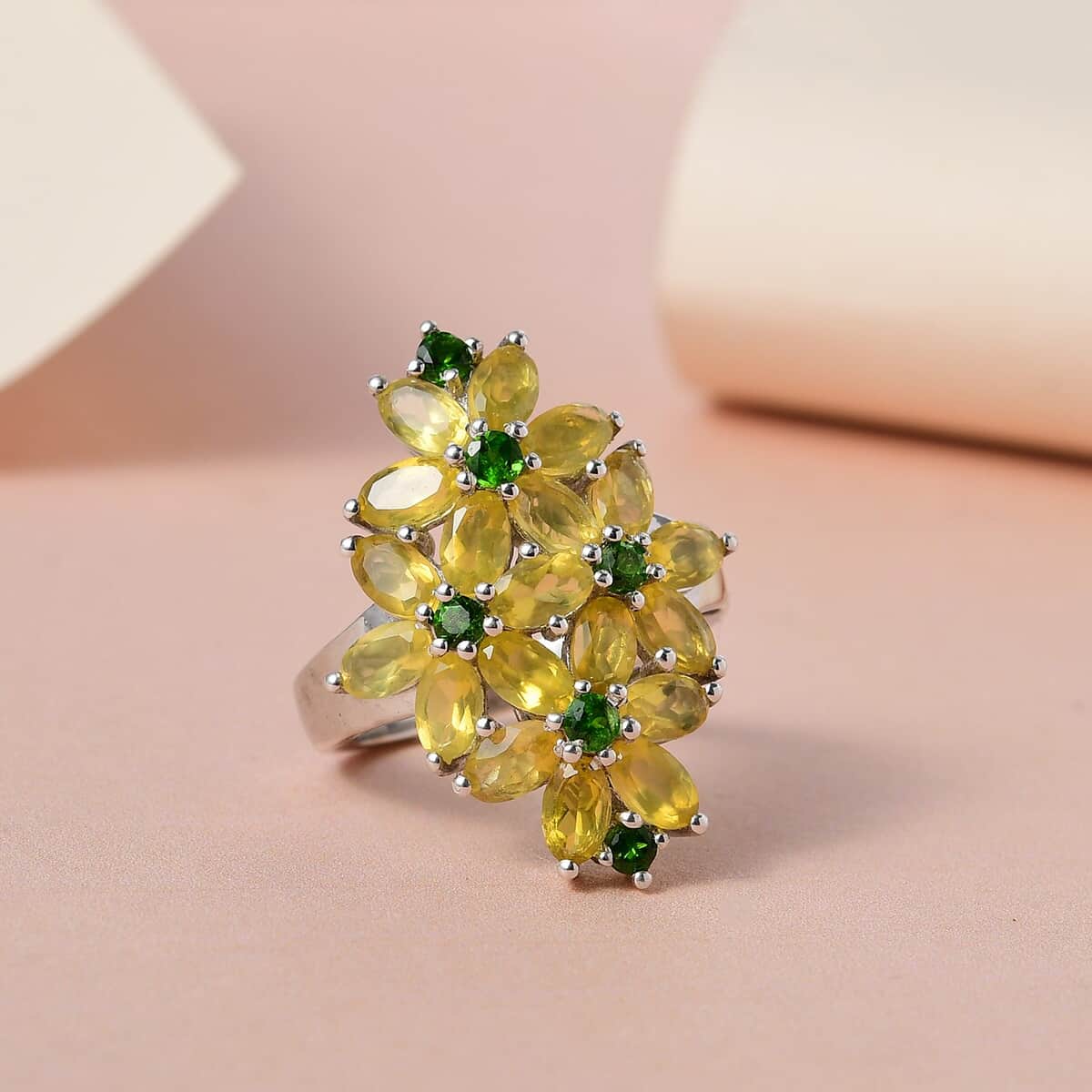 Tanzanian Canary Opal and Chrome Diopside Floral Ring in Platinum Over Sterling Silver (Size 7.0) 3.65 ctw image number 1