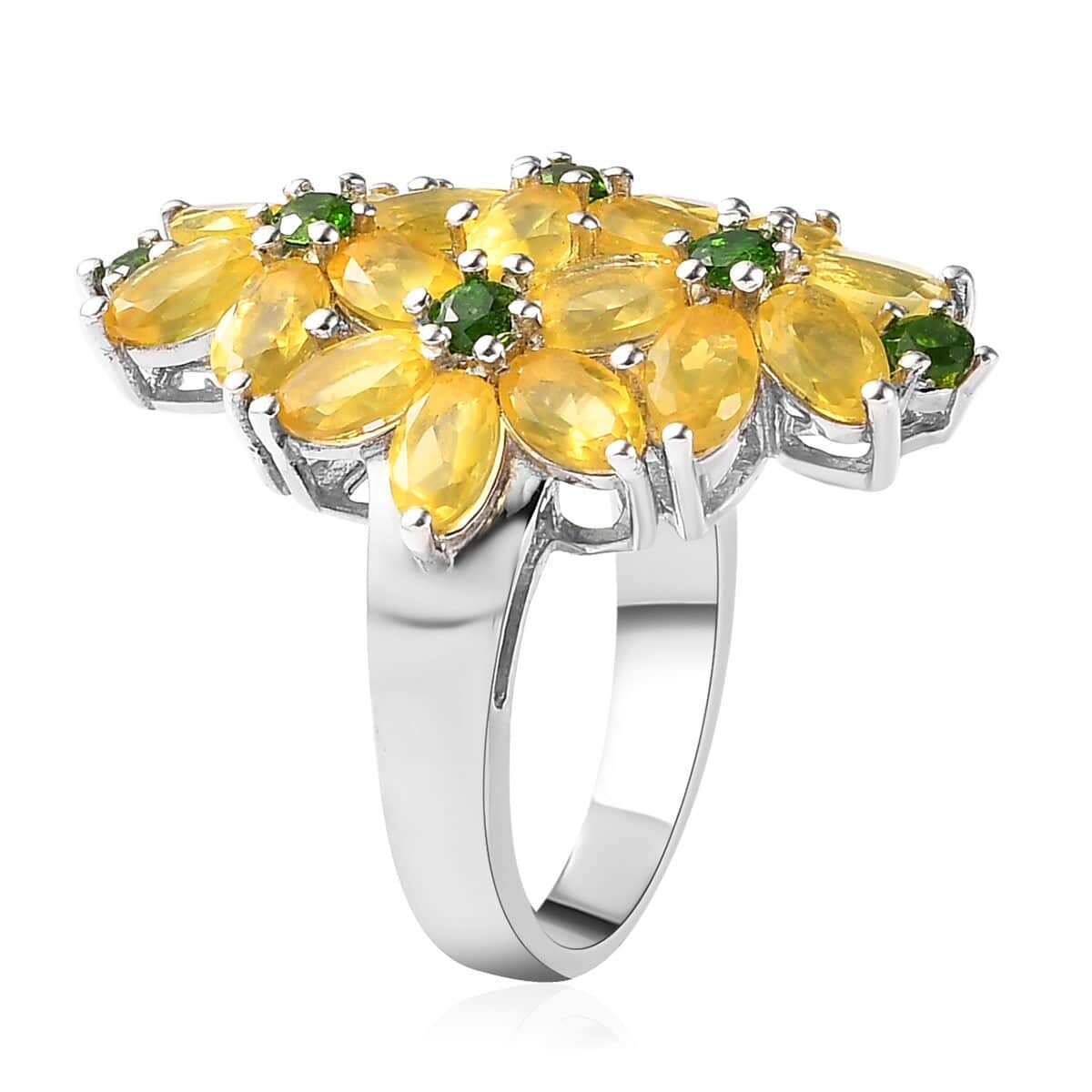 Tanzanian Canary Opal and Chrome Diopside Floral Ring in Platinum Over Sterling Silver (Size 7.0) 3.65 ctw image number 3