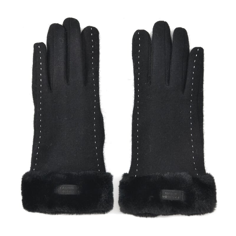 Black Cashmere Warm Gloves with Faux Fur and Equipped Touch Screen Friendly