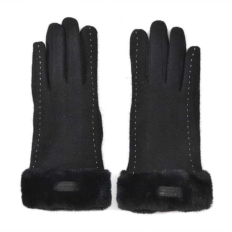Black Cashmere Warm Gloves with Faux Fur and Equipped Touch Screen Friendly