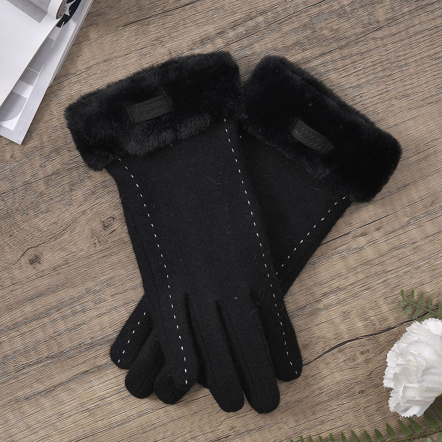 Black Cashmere Warm Gloves with Faux Fur and Equipped Touch Screen Friendly