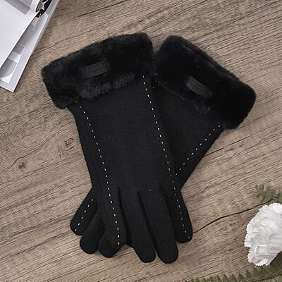 Black Cashmere Warm Gloves with Faux Fur and Equipped Touch Screen Friendly
