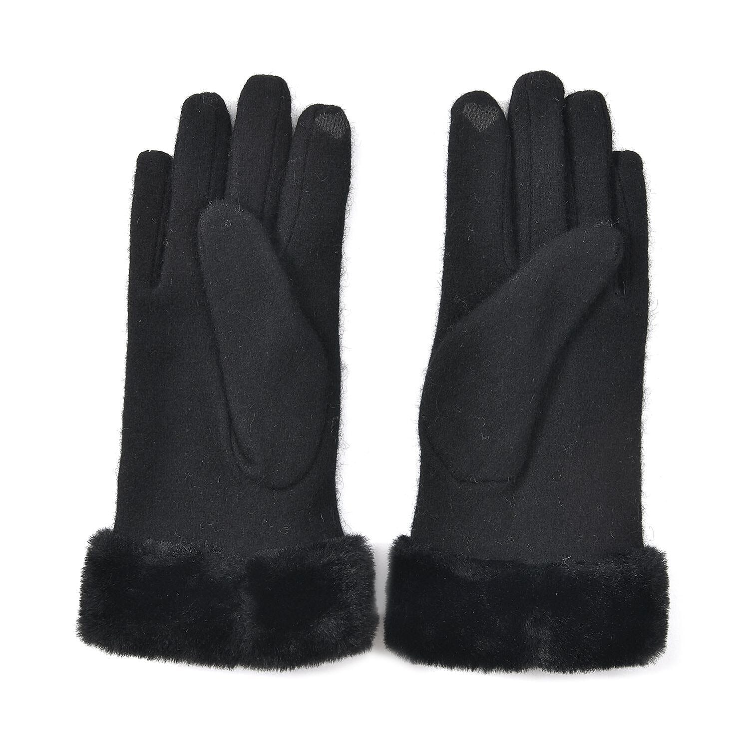 Black Cashmere Warm Gloves with Faux Fur and Equipped Touch Screen Friendly