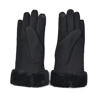 Black Cashmere Warm Gloves with Faux Fur and Equipped Touch Screen Friendly