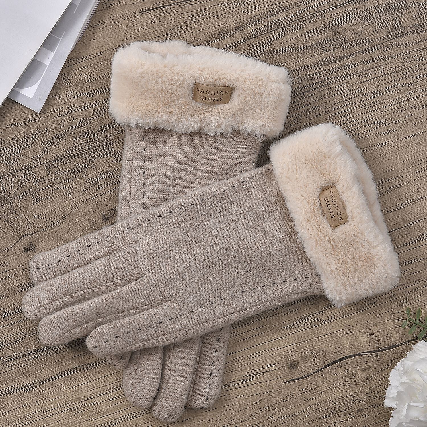 Beige Cashmere Warm Gloves with Faux Fur and Equipped Touch Screen Friendly