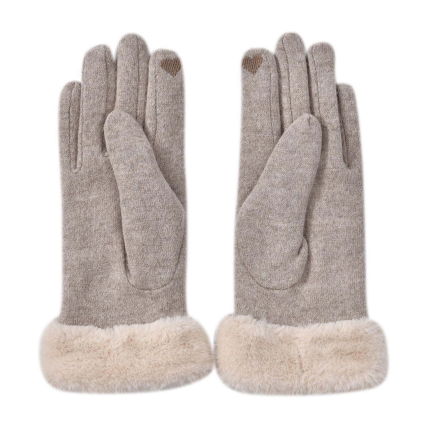Beige Cashmere Warm Gloves with Faux Fur and Equipped Touch Screen Friendly