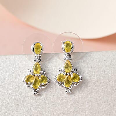 Tanzanian Canary Opal Dangling Earrings in Platinum Over Sterling Silver 1.25 ctw