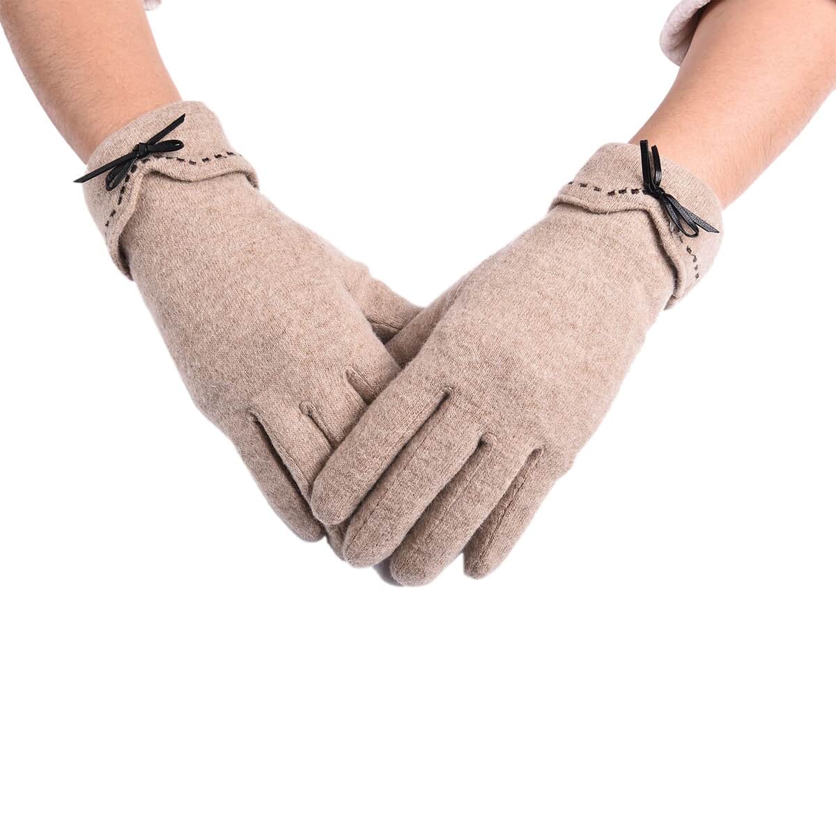 Khaki Cashmere Warm Gloves with Bowknot and Equipped Touch Screen Friendly (9.05"x3.54") image number 0