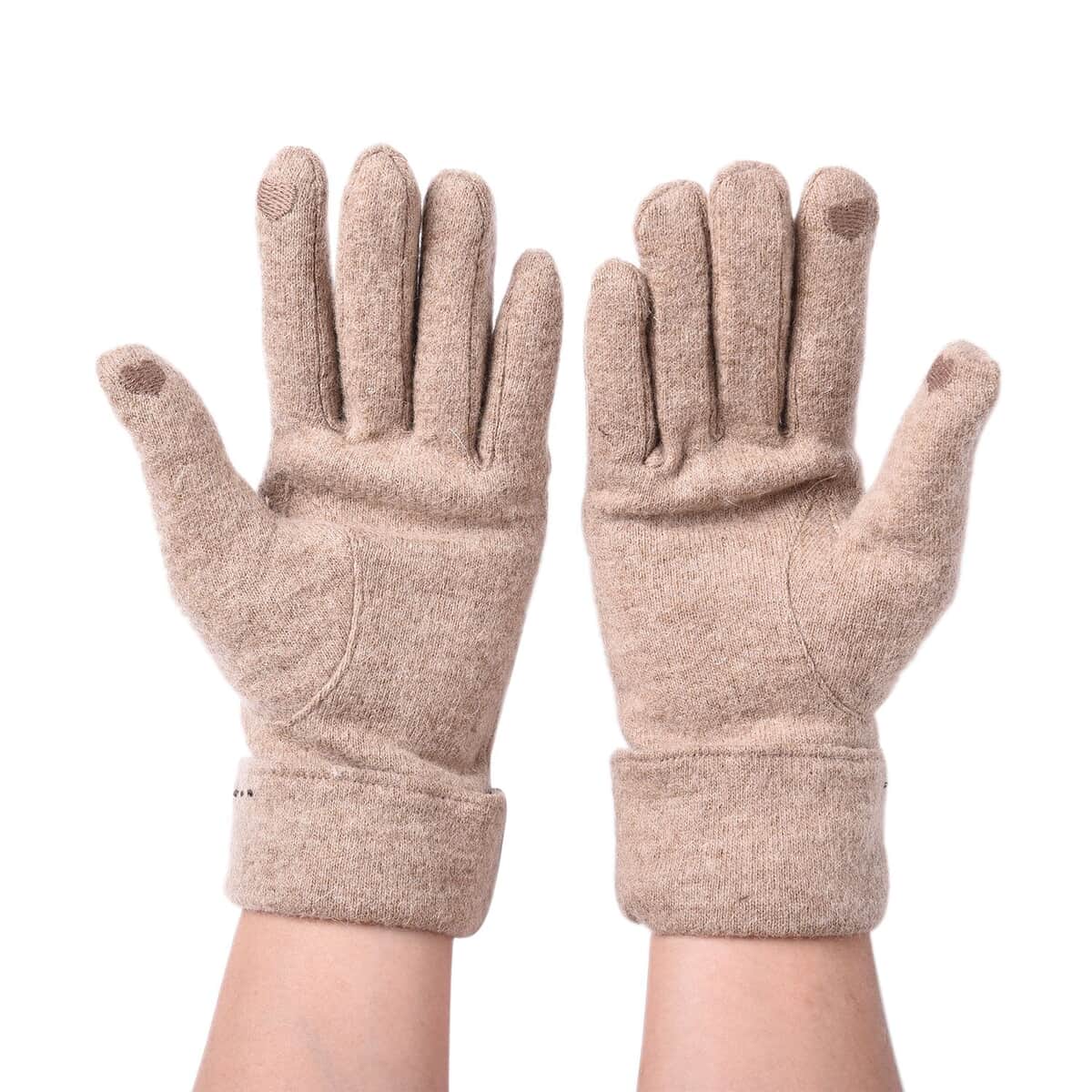 Khaki Cashmere Warm Gloves with Bowknot and Equipped Touch Screen Friendly (9.05"x3.54") image number 1