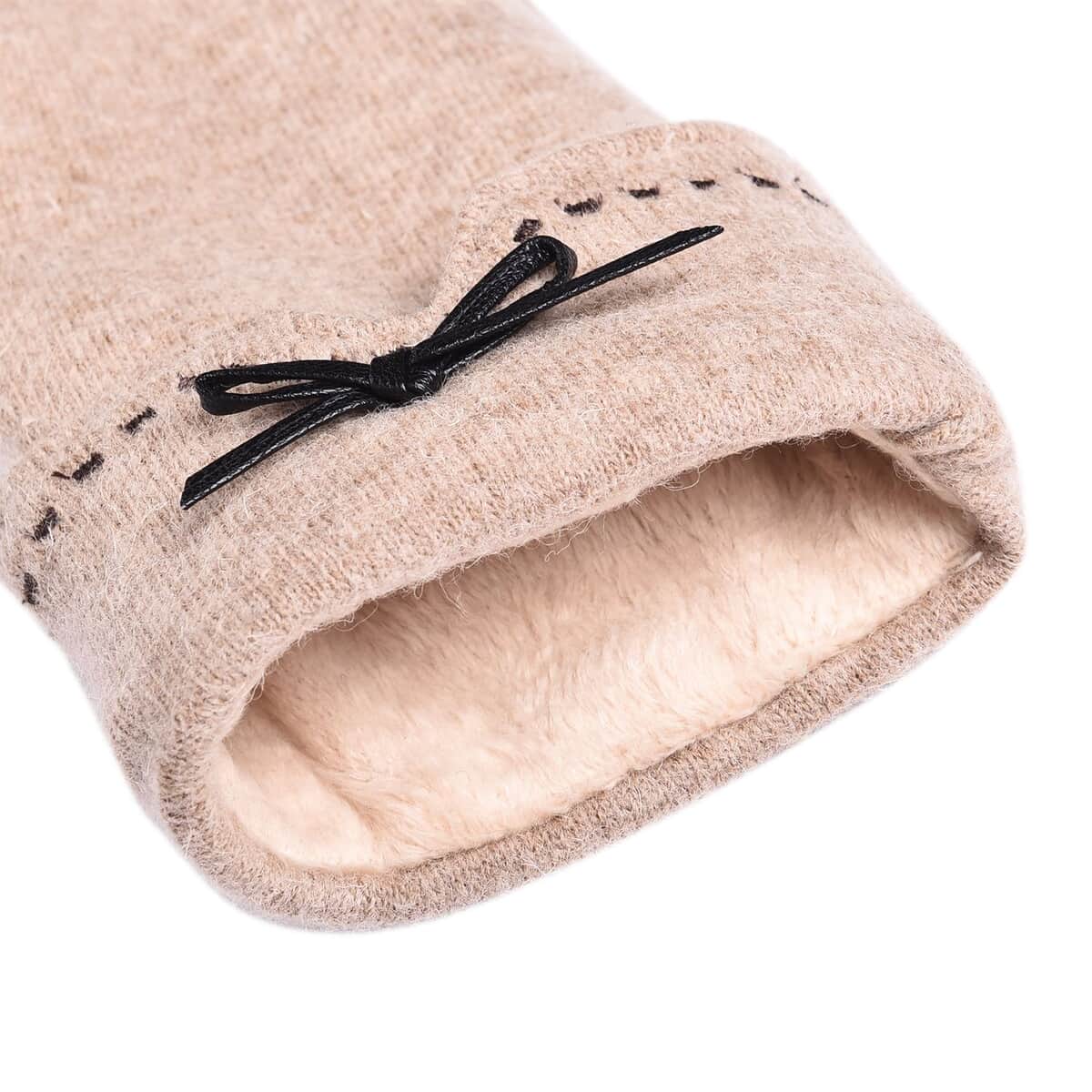 Khaki Cashmere Warm Gloves with Bowknot and Equipped Touch Screen Friendly (9.05"x3.54") image number 3