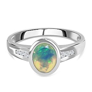 Ethiopian Welo Opal and White Zircon 0.96 ctw Ring in Platinum Over Sterling Silver (Size 10)