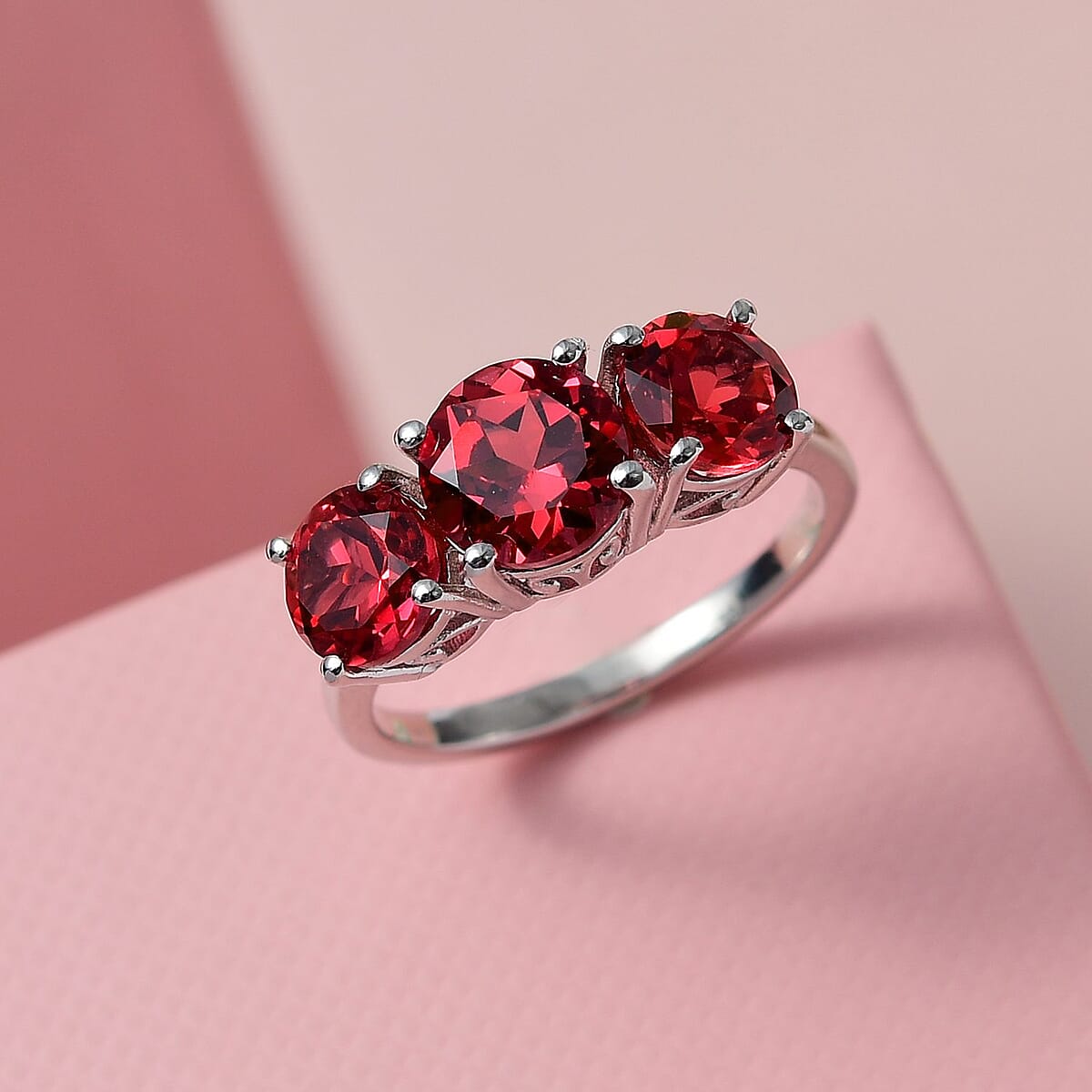 Lab Created Padparadscha Sapphire 3 Stone Ring in Platinum Over Sterling Silver (Size 10.0) 3.60 ctw image number 1