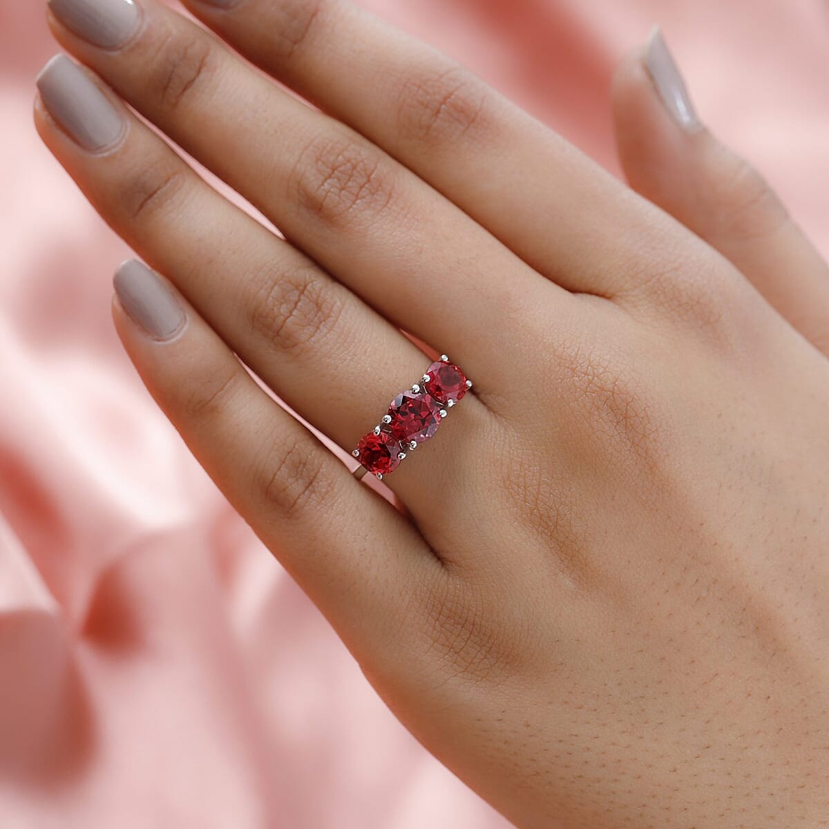 Lab Created Padparadscha Sapphire 3 Stone Ring in Platinum Over Sterling Silver (Size 10.0) 3.60 ctw image number 2