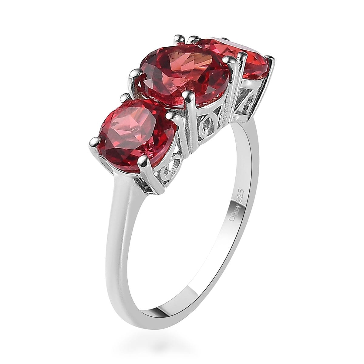 Lab Created Padparadscha Sapphire 3 Stone Ring in Platinum Over Sterling Silver (Size 10.0) 3.60 ctw image number 3