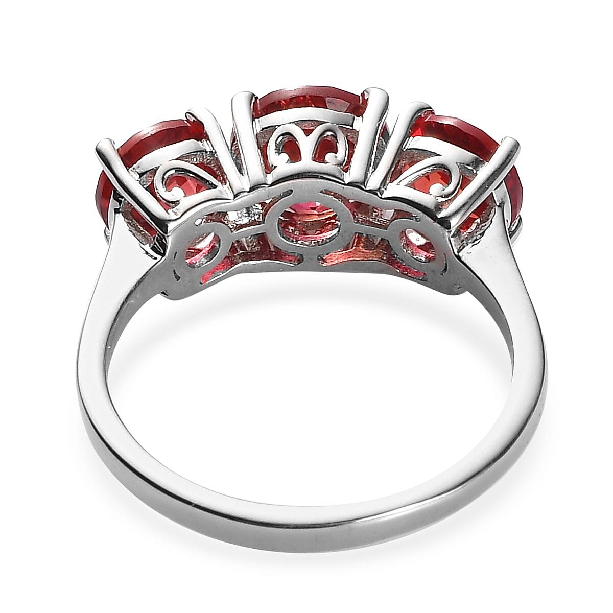 Lab Created Padparadscha Sapphire 3 Stone Ring in Platinum Over Sterling Silver (Size 10.0) 3.60 ctw image number 4
