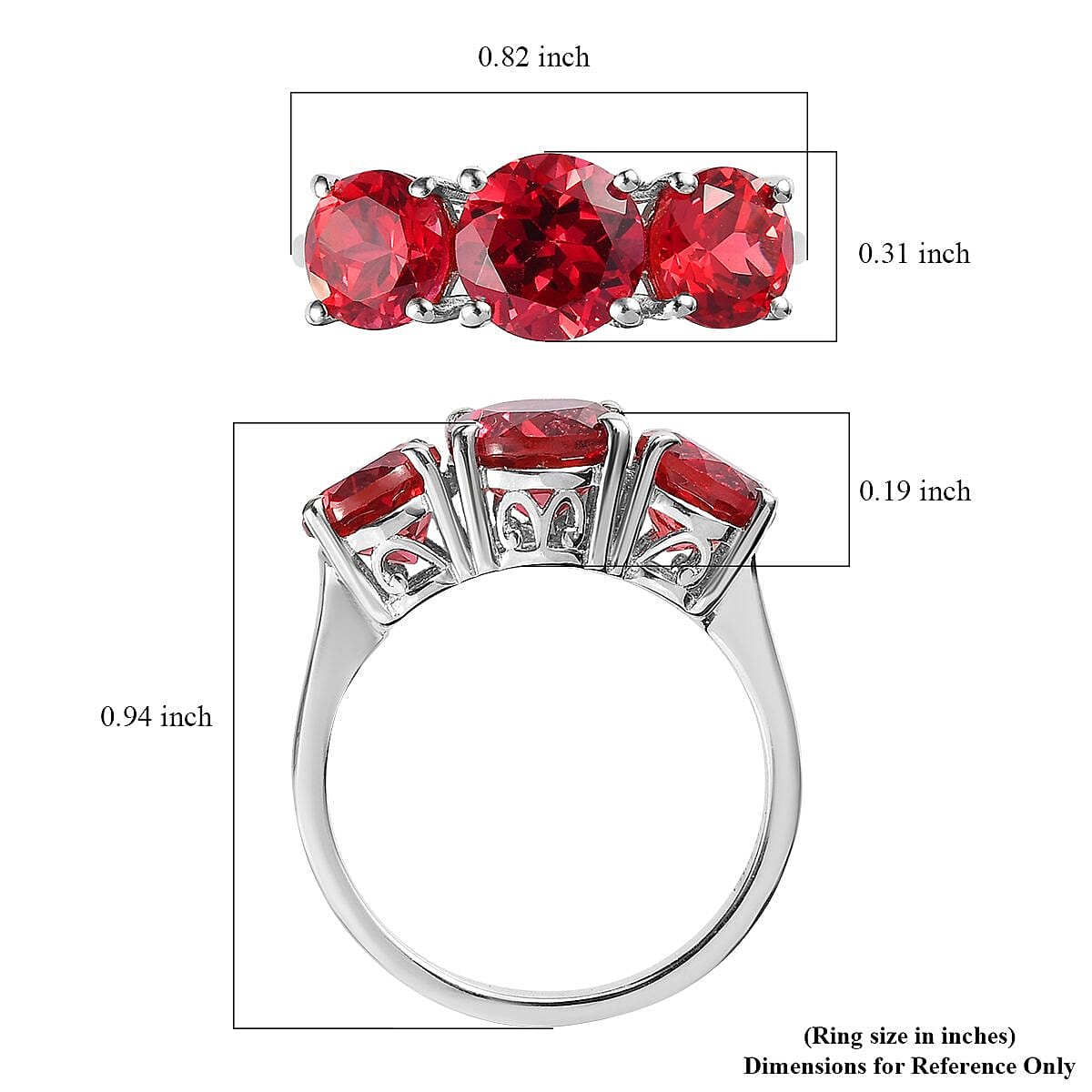 Lab Created Padparadscha Sapphire 3 Stone Ring in Platinum Over Sterling Silver (Size 10.0) 3.60 ctw image number 5