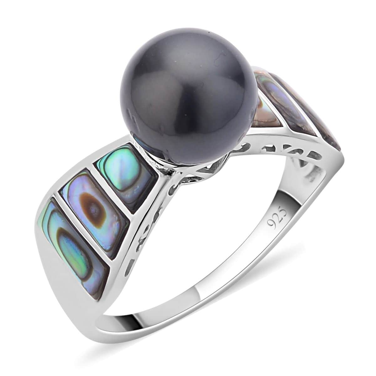 Tahitian Cultured Pearl and Abalone Shell Ring in Rhodium Over Sterling Silver (Size 10.0) image number 0