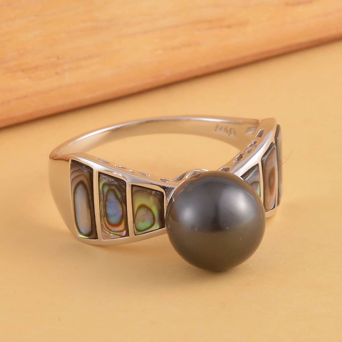 Tahitian Cultured Pearl and Abalone Shell Ring in Rhodium Over Sterling Silver (Size 10.0) image number 1