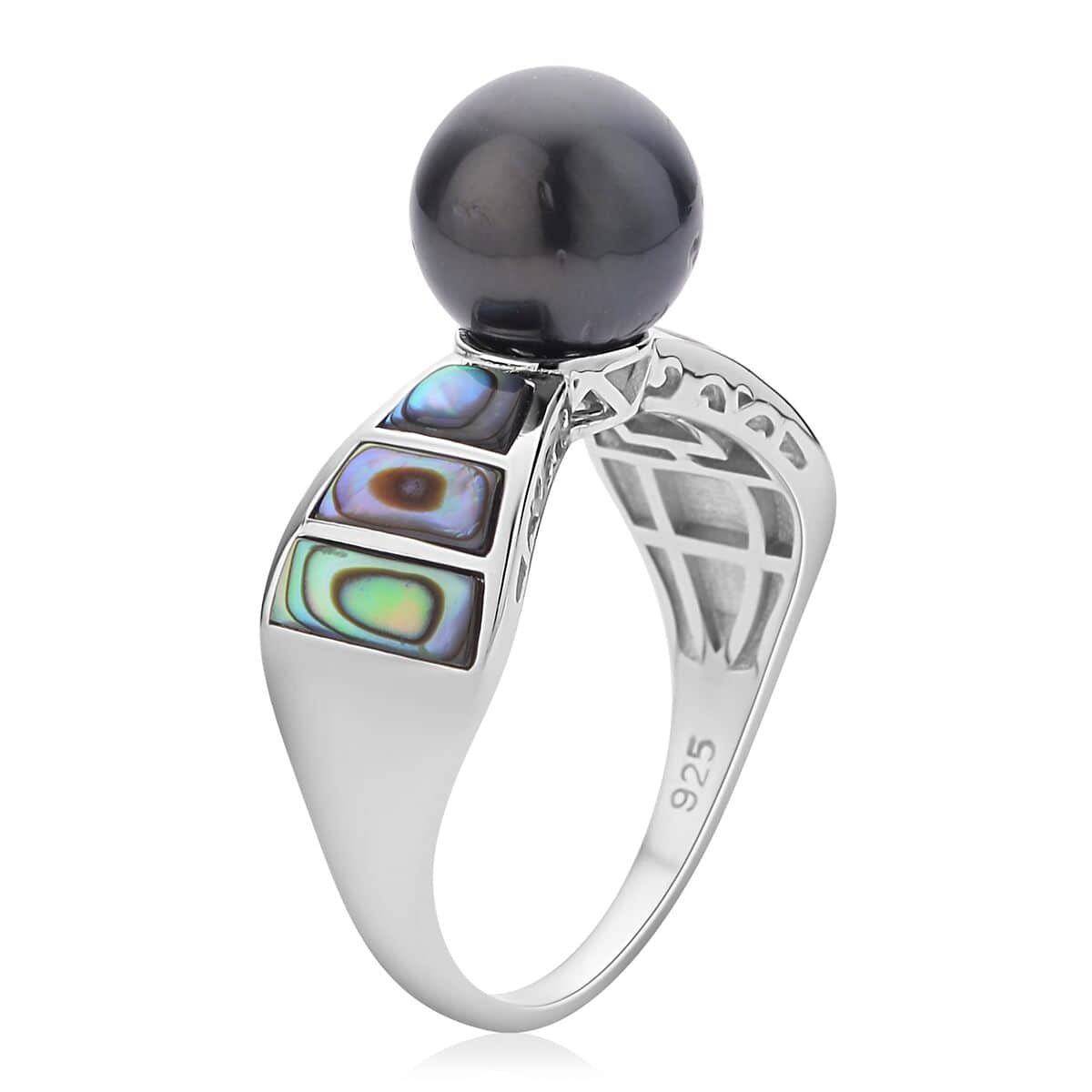 Tahitian Cultured Pearl and Abalone Shell Ring in Rhodium Over Sterling Silver (Size 10.0) image number 3
