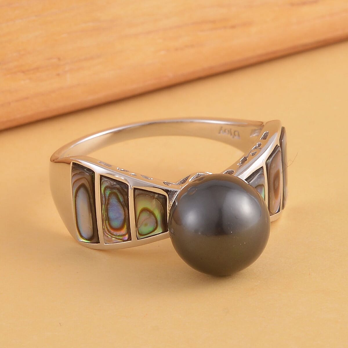 Tahitian Cultured Pearl and Abalone Shell Ring in Rhodium Over Sterling Silver (Size 7.0) image number 1