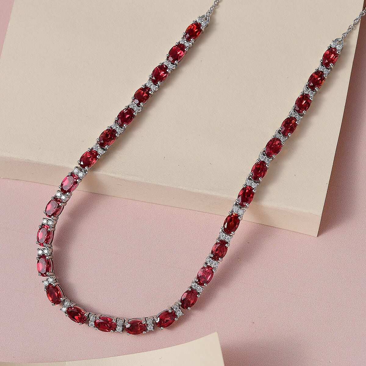 Lab Created Padparadscha Sapphire and Moissanite Tennis Necklace 18 Inches in Platinum Over Sterling Silver 18.90 ctw image number 1